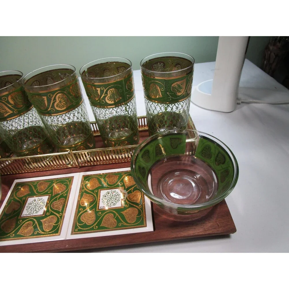 1960s Culver Highball Set, 8 Tumblers, 2 Bowls, Wood Tray, 22k Gold